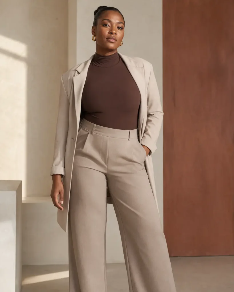 A woman wearing a cream suit with a brown top