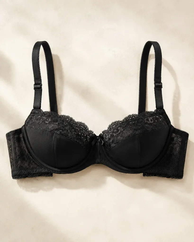 Black lace balconette bra laid flat on a light background
